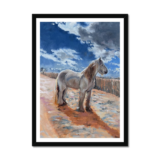 Framed painting of a horse standing on a dirt path with a blue sky and clouds in the background.