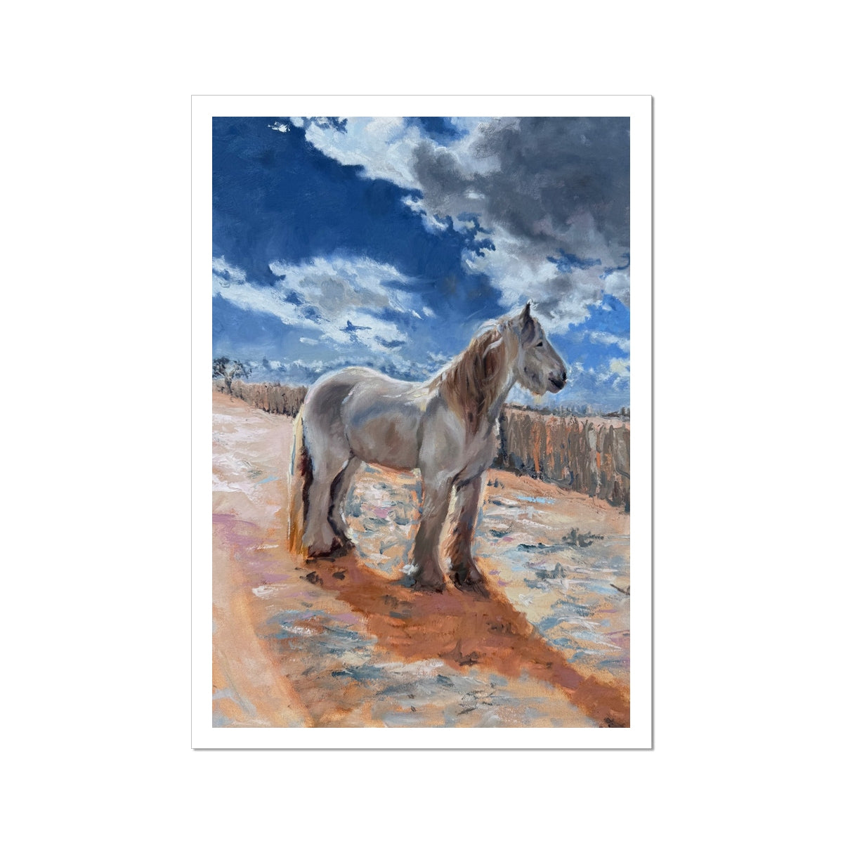 Painting of a horse standing on a dirt path with a blue sky and clouds in the background.
