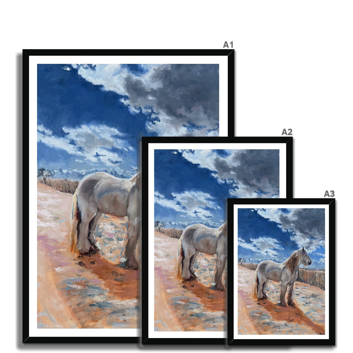 Three framed artworks of a horse under a blue sky with clouds.