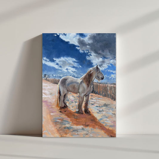 The Traveller’s Horse oil painting leaning against a warm-toned wall—capturing calm and courage.