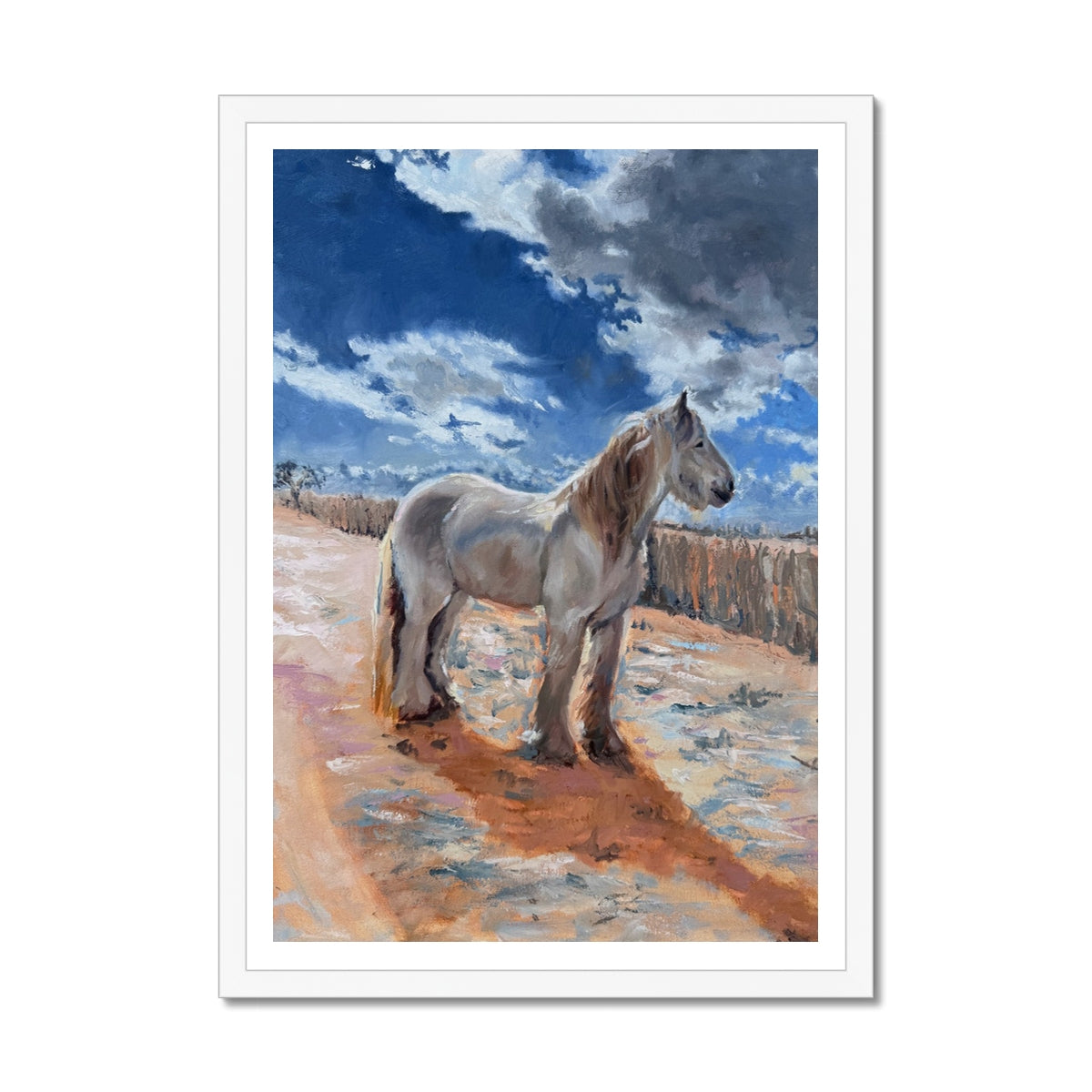 Art print of a horse standing on a dirt path with a blue sky and clouds in the background.