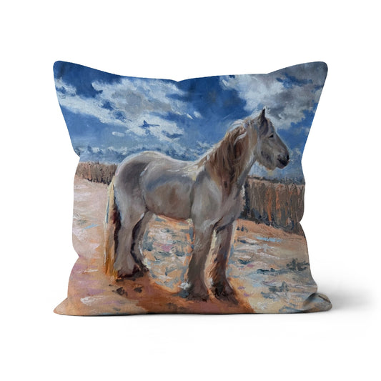 Front view of The Traveller’s White Horse cushion, featuring a proud white horse on a soft, comforting background. Perfect for cosy, reflective spaces.