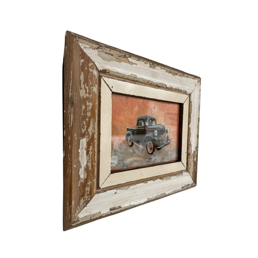 Hand-painted artwork of a classic Dodge truck, displayed in a sustainable reclaimed wooden frame, ideal for automotive enthusiasts and collectors.