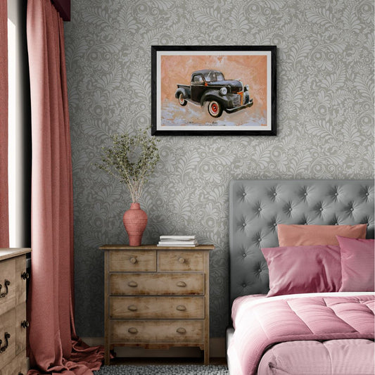 Vintage Dodge Truck Fine Art Print in black frame option on Bedroom Wall