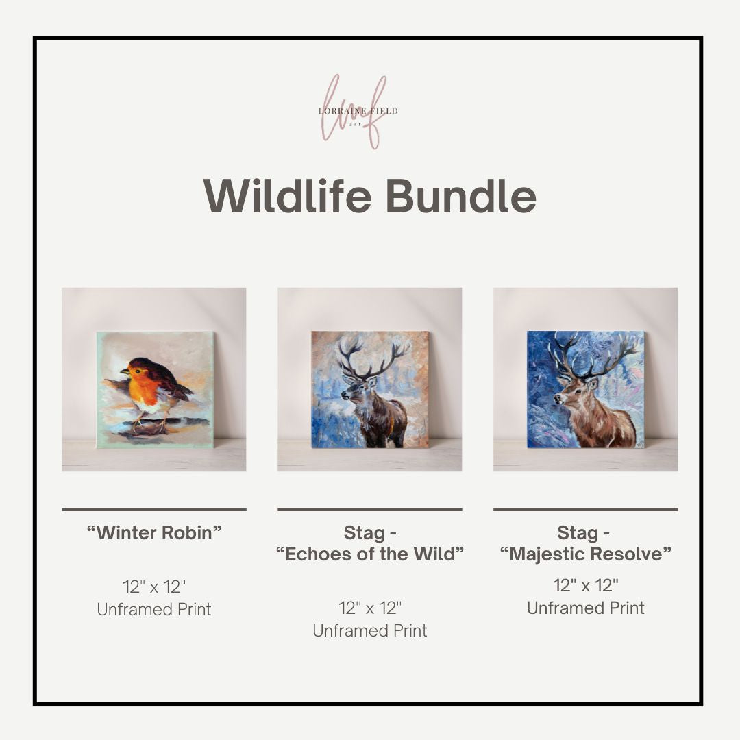 Wildlife Bundle with three unframed prints of a robin, stag, and another stag on a light background.