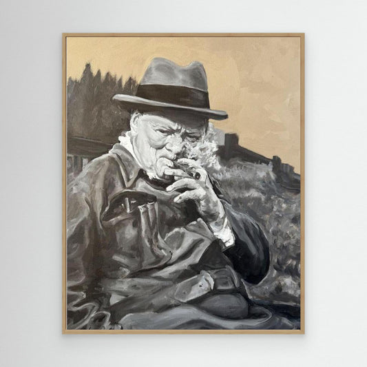 Winston Churchill portrait canvas print in a natural oak frame, highlighting character and quiet strength in a traditional figurative artwork