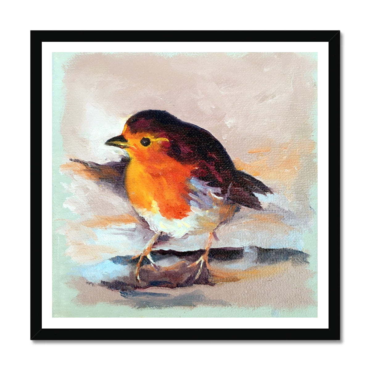 Framed Winter Robin art print, small size with elegant black frame against pastel background.