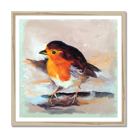 Small Winter Robin art print with a natural wood frame, warm and timeless style.