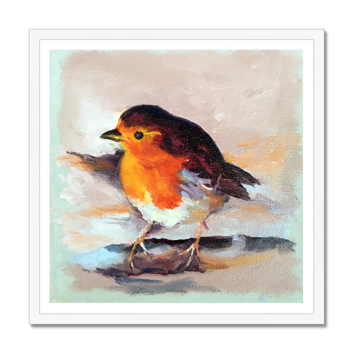 Small Winter Robin art print in a white frame, soft pastel background enhancing its charm.