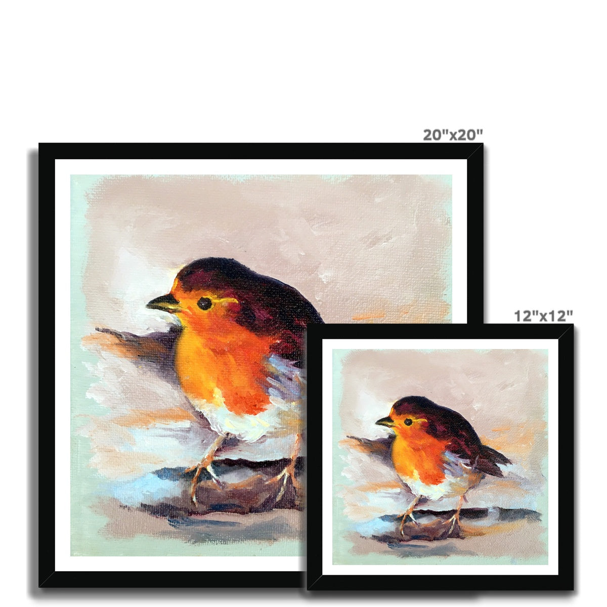 Two framed paintings of a robin on a white background with dimensions indicated.