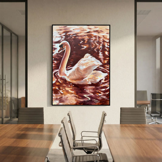 Swan canvas wall art displayed in a dark contemporary board room