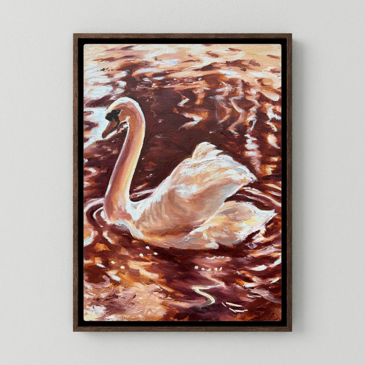 Becoming Grace swan canvas print in a dark oak frame