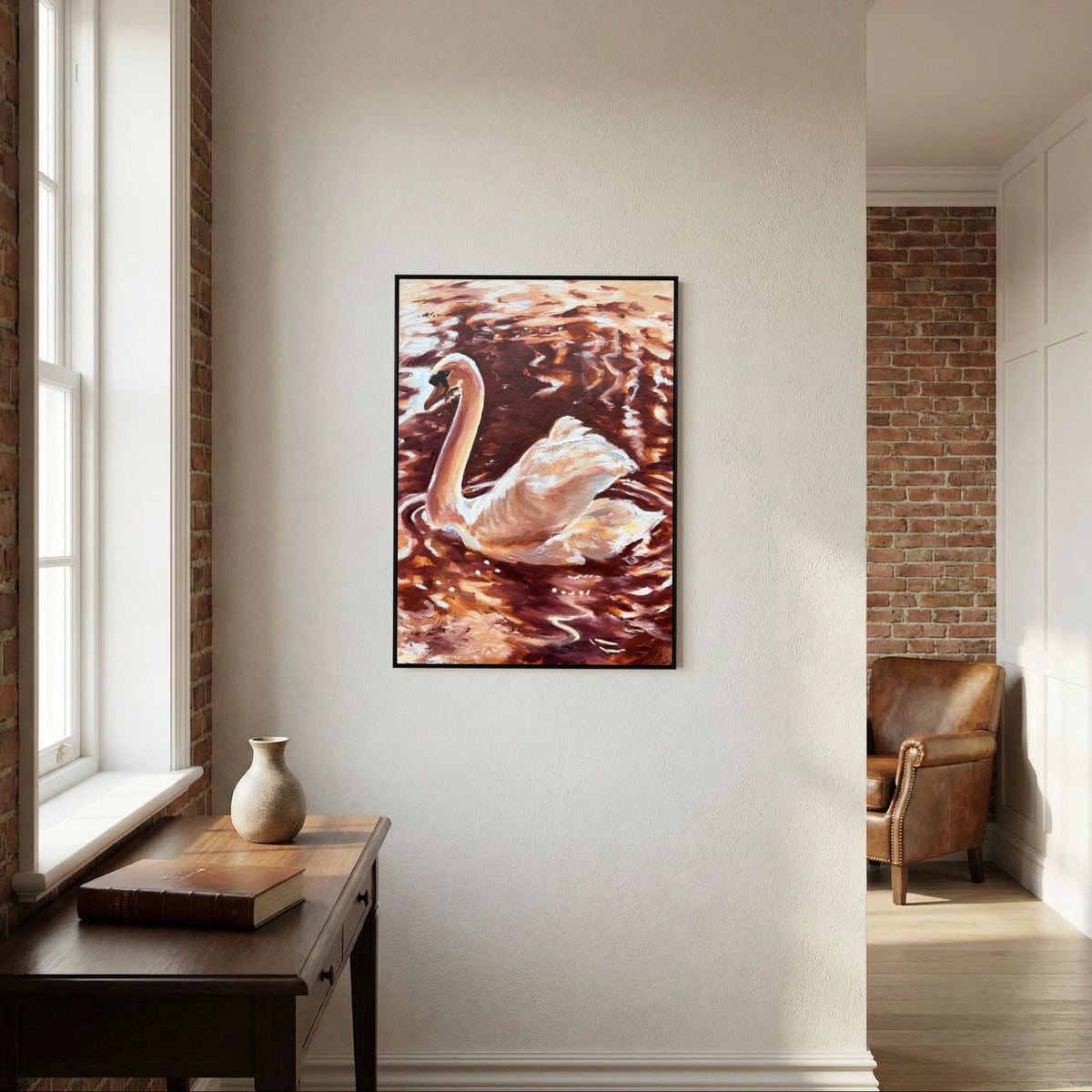 Stratford-upon-Avon swan canvas print displayed above a console table