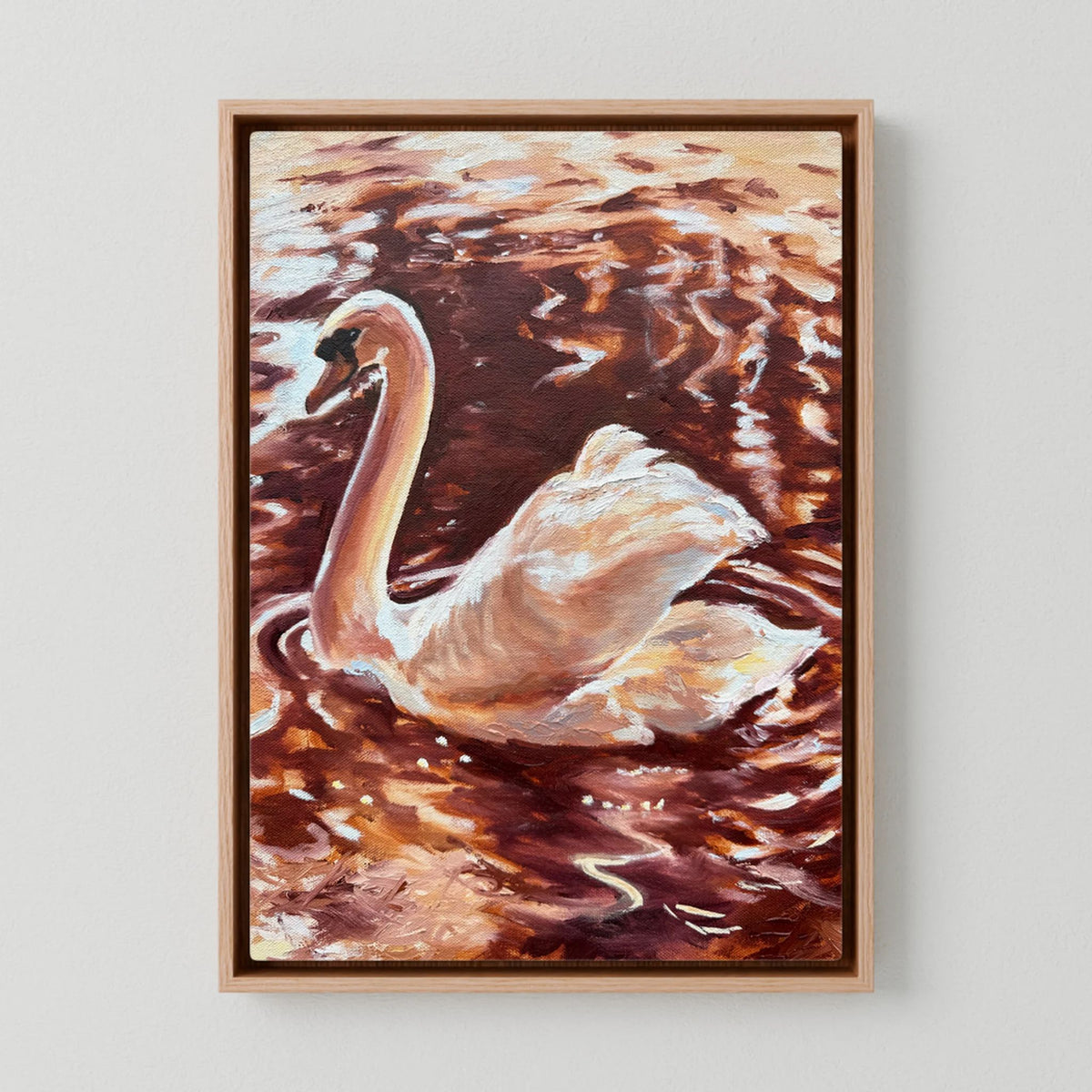 Becoming Grace swan canvas print in an oak frame