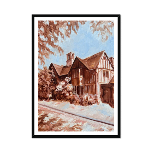 Hall’s Croft fine art print in a classic black frame, featuring Shakespeare’s daughter’s historic Stratford-upon-Avon home in warm sepia and soft blue tones.