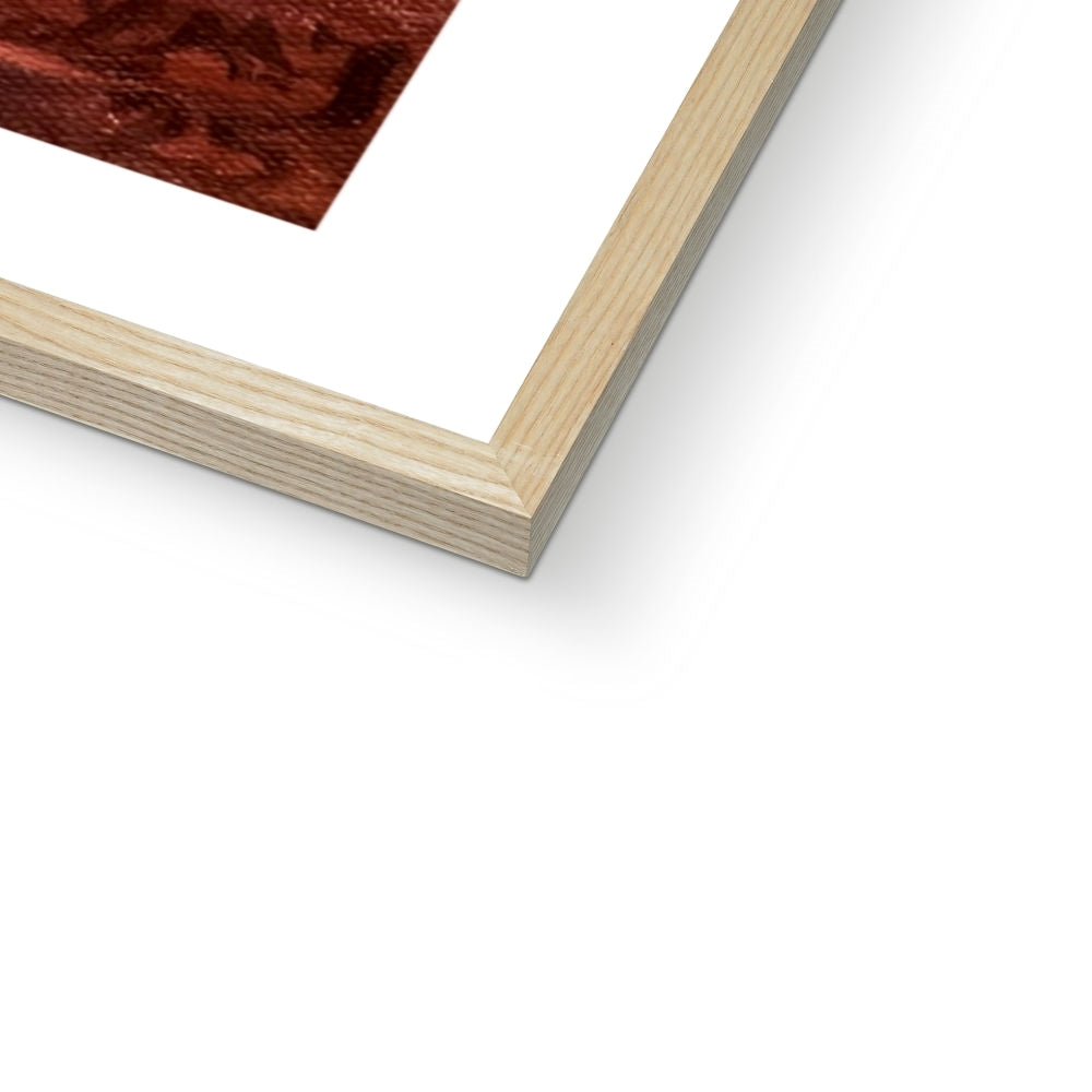 Detail of the natural wood frame corner on the Holy Trinity Church fine art print – warm, tactile, and perfectly paired with the nostalgic hues of this Stratford landmark.