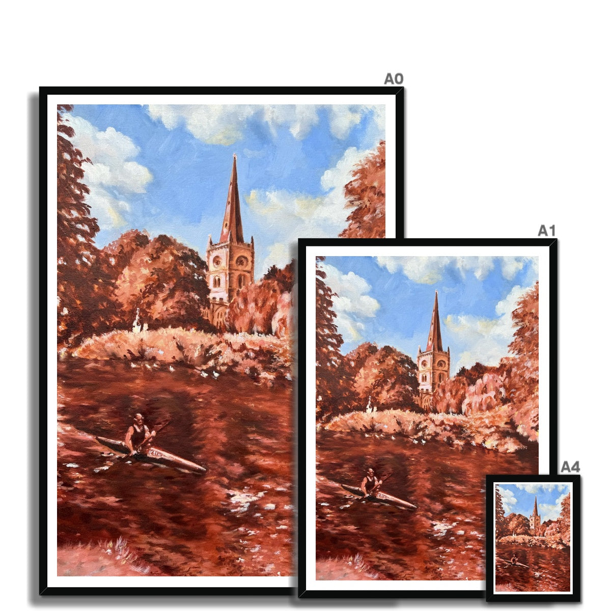 Size guide showing Holy Trinity Church fine art print available sizes for Stratford-upon-Avon wall art and framed print options.