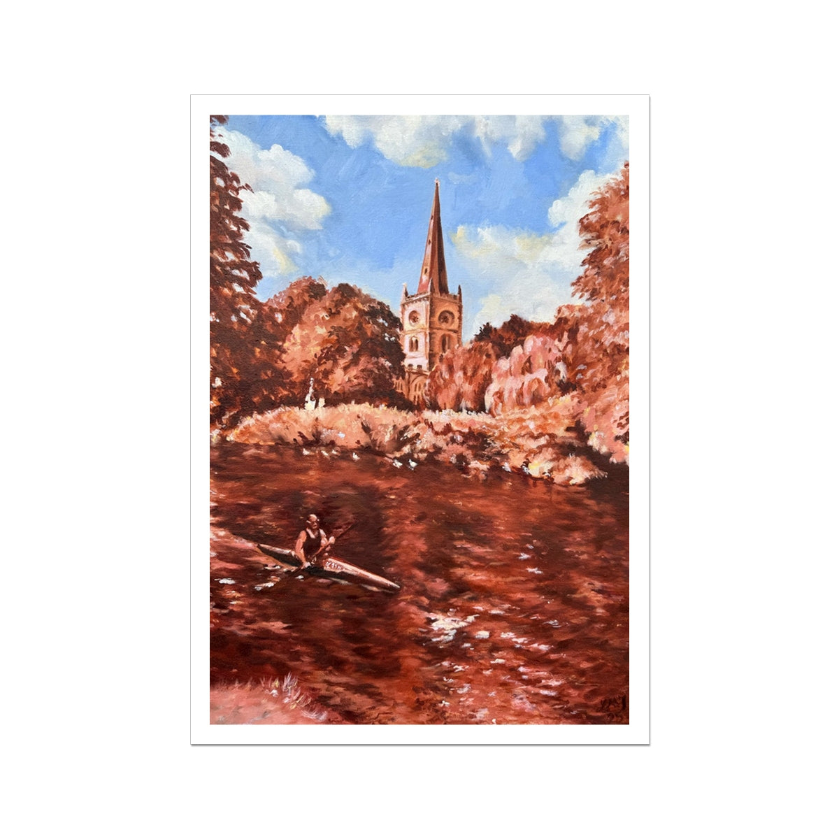 Unframed Holy Trinity Church fine art print. A peaceful, stylised painting of Stratford-upon-Avon’s historic church beside the River Avon, where Shakespeare rests.