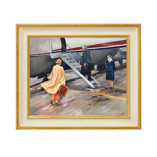 Framed oil painting of a lady boarding an aeroplane with visible red stripe, titled Onward by Lorraine Field