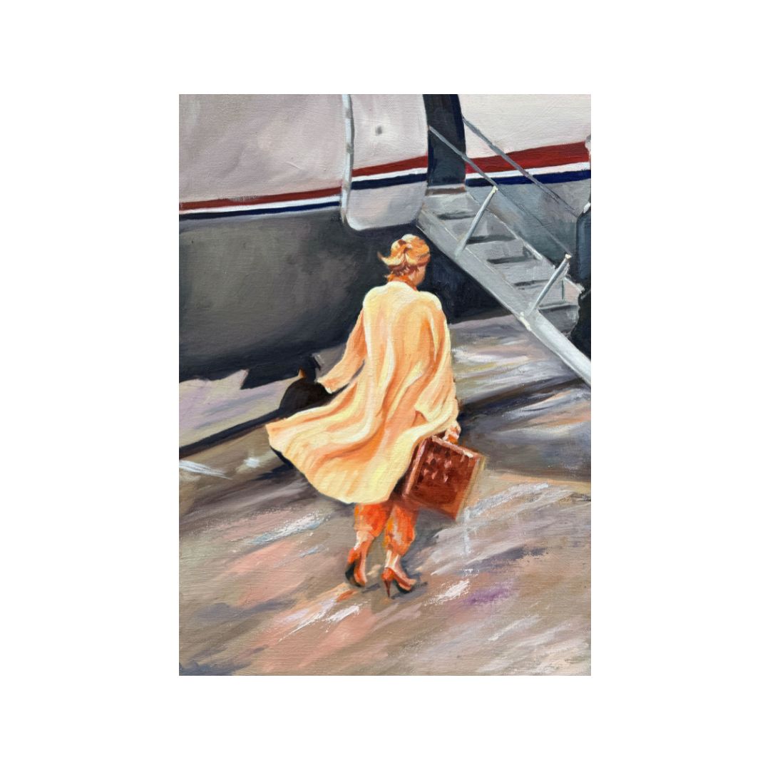 Close-up of a lady in a flowing cream coat walking towards an aeroplane, holding a suitcase, from the oil painting Onward by Lorraine Field