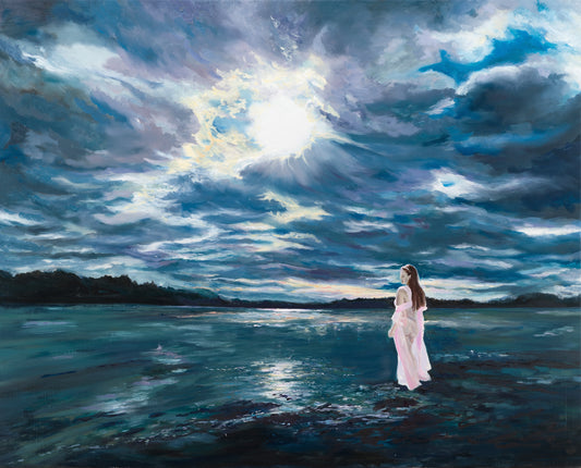 Original oil painting of a female figure standing beneath swirling moody skies beside the sea.