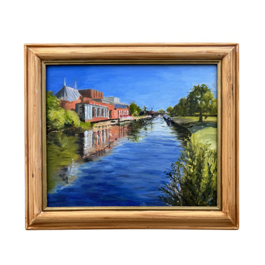Original oil painting of the Royal Shakespeare Theatre reflected in the River Avon, Stratford-upon-Avon, painted in soft morning light.