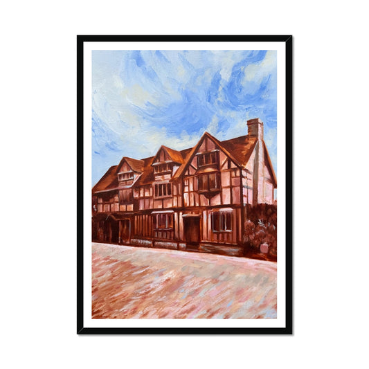 Shakespeare’s Birthplace art print in a black frame, showing the historic Stratford-upon-Avon house where the bard was born, painted in warm burnt sienna, blue and white tones