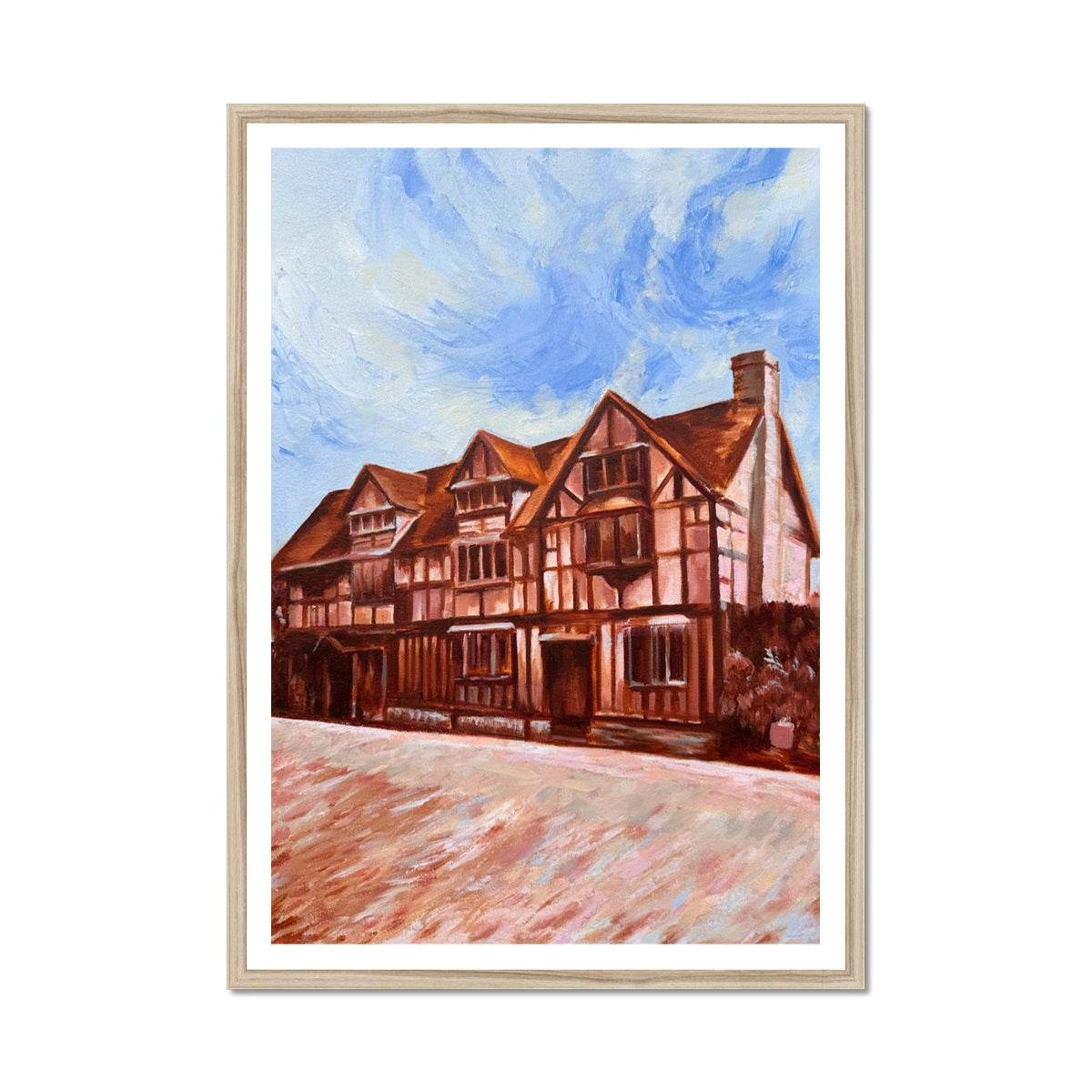 Shakespeare’s Birthplace art print in a natural wood frame, featuring the historic timbered house that inspired generations of visitors.