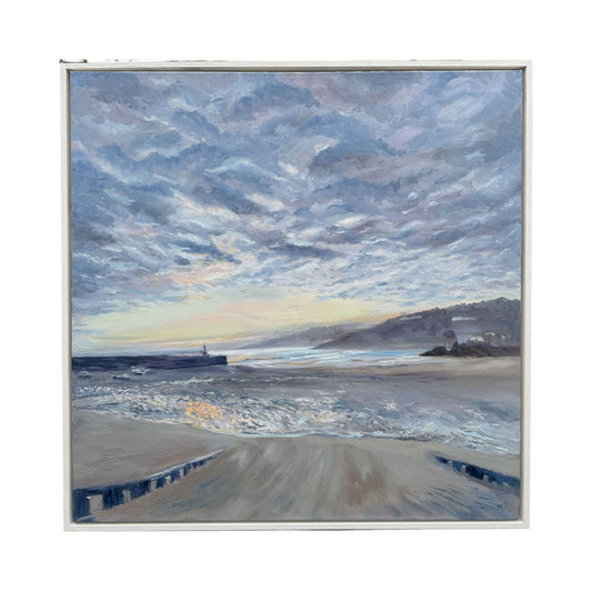 Original seascape oil painting of a peaceful sunrise over St Ives Harbour in Cornwall.