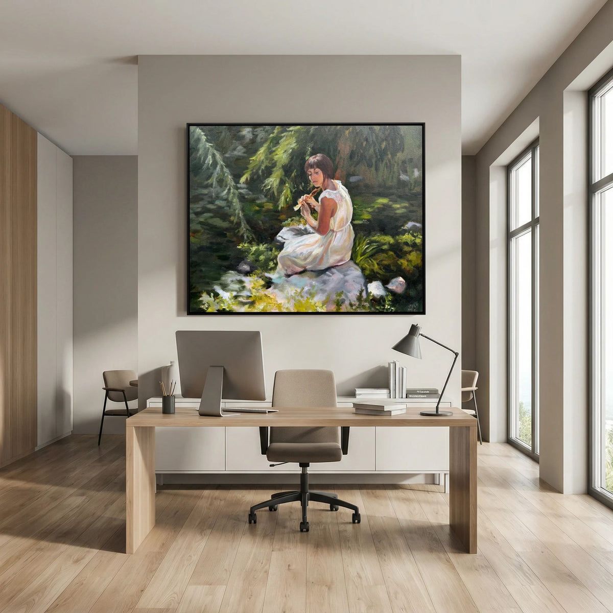 Stillness Among the Leaves woodland canvas print displayed above a meeting table in a light-filled office.