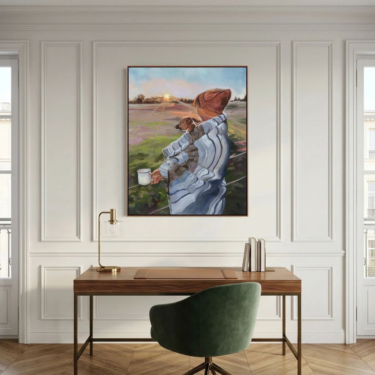 Sunrise With the Pup canvas print above a wooden desk with a green chair against a white panelled wall.