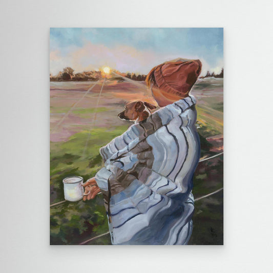 Unframed Sunrise with the Pup canvas print, featuring a woman holding coffee with her dog as the first light of day breaks.