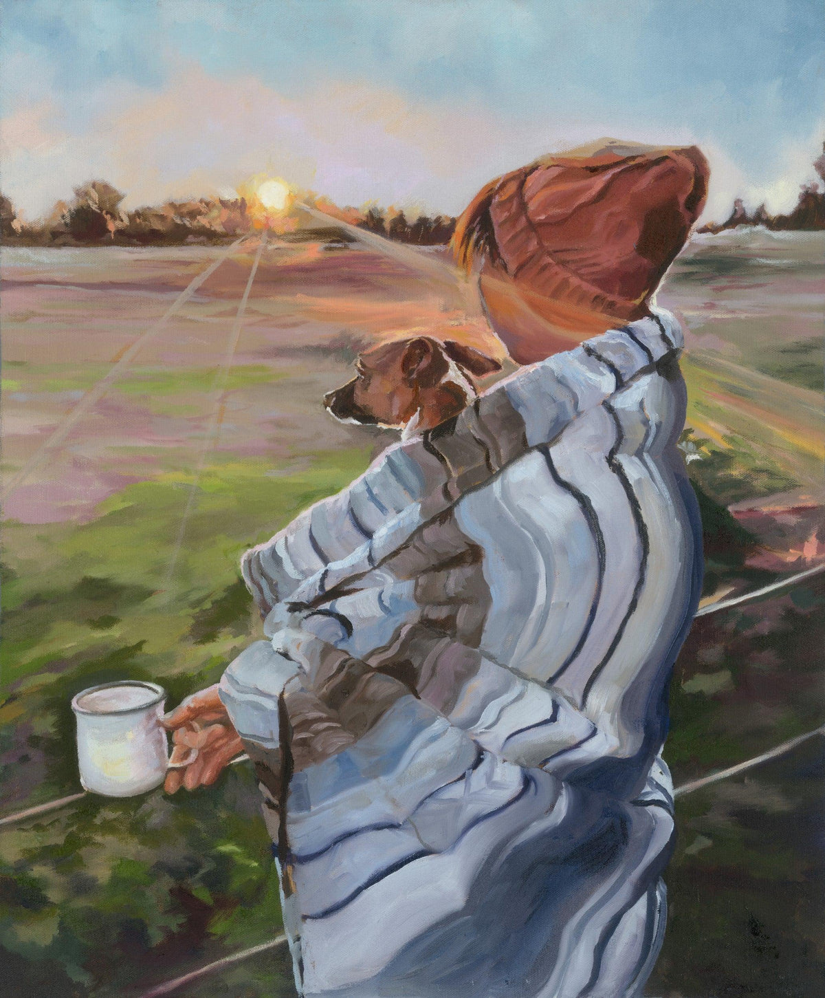 Sunrise with the pup oil painting close up detail