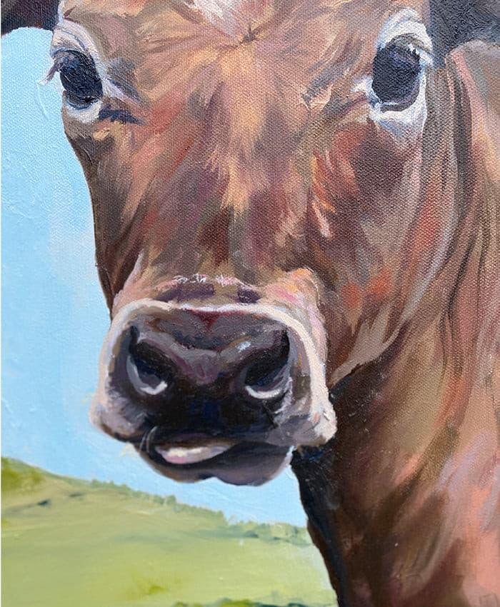 Humorous painting of two cows, one with a cheeky tongue-out pose, and a chicken companion, set in a rural Cornish setting.