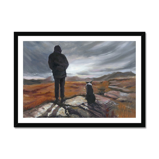 Man and Border Collie Fine Art Print framed in black wooden frame