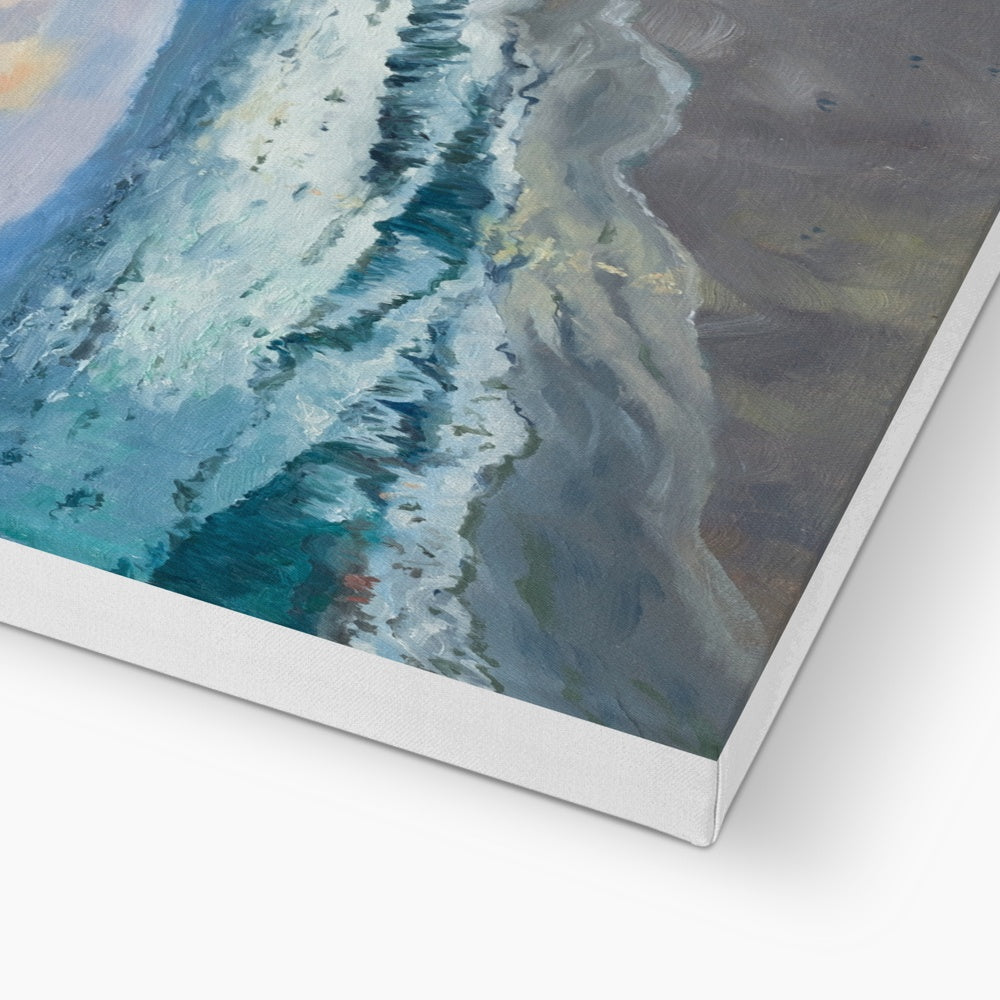 Sunrise painting print capturing the gentle beauty of Porthminster Beach, blending blue ocean hues and golden skies
