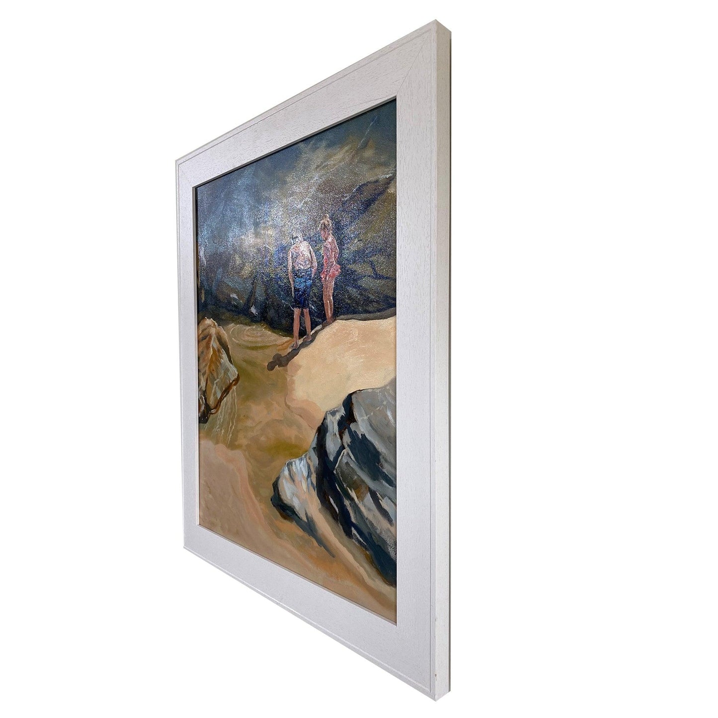 Original oil painting Rockpool Explorers featuring boy and girl at the seaside