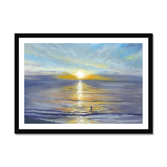 Serene sunrise swim art print featuring female figure in the sea