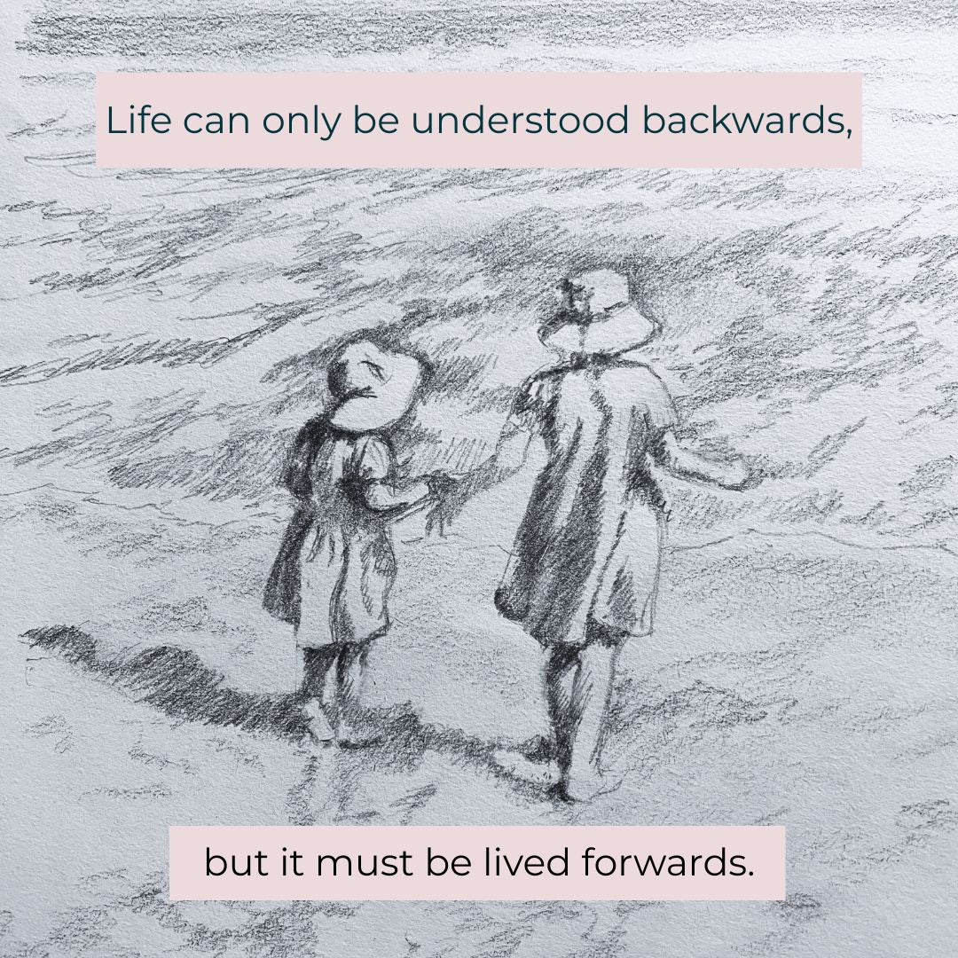 A drawing of two little girls going into the sea.