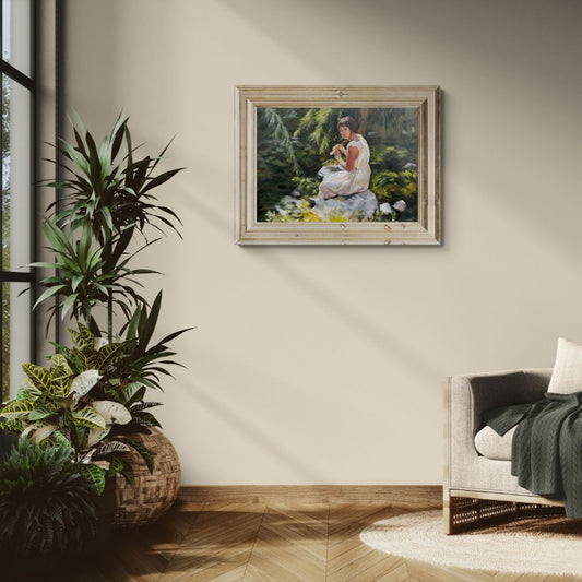 Stillness Among the Leaves by Lorraine Field shown in a calm living room interior, original figurative oil painting designed to bring stillness and reflection to the home