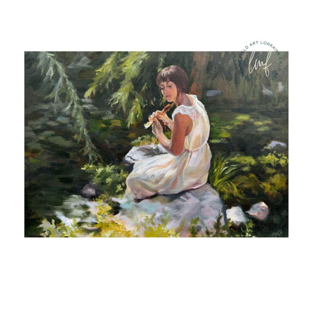 Stillness Among the Leaves by Lorraine Field shown in a calm living room, a figurative oil painting of a woman seated beside gently flowing water with lily pads, evoking stillness and reflection.