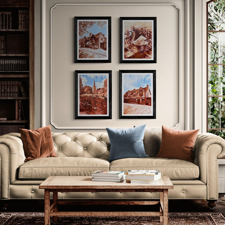 Four framed Stratford-upon-Avon art prints featuring Hall’s Croft, Holy Trinity Church, Shakespeare’s Birthplace and the swan from the River Avon. Painted in burnt sienna, blue and white tones, celebrating the timeless charm of the Bard’s hometown.