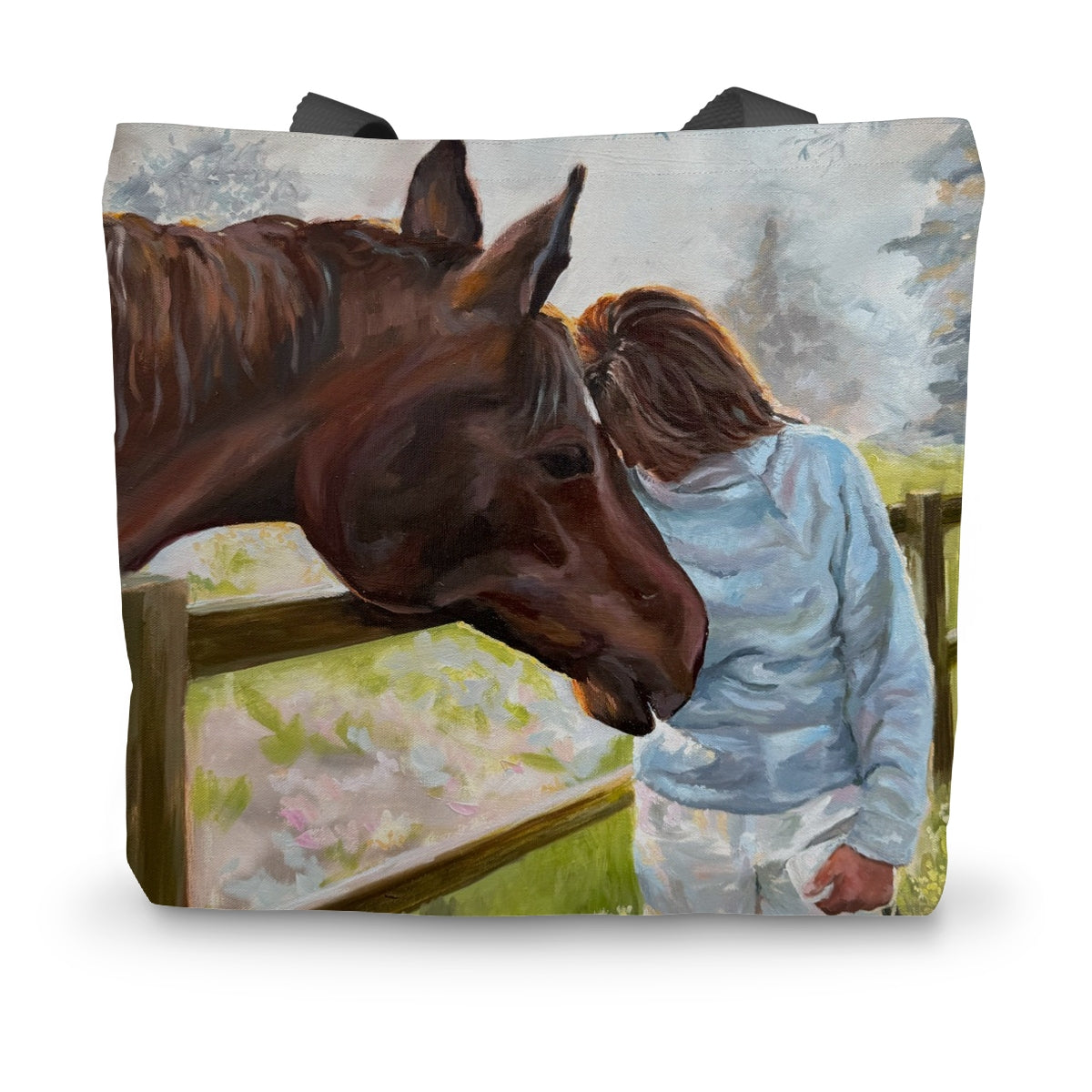 Front view of the He Knows tote bag featuring Lorraine Field’s stag artwork printed on durable cream canvas with black handles — a meaningful, nature-inspired design for everyday use.
