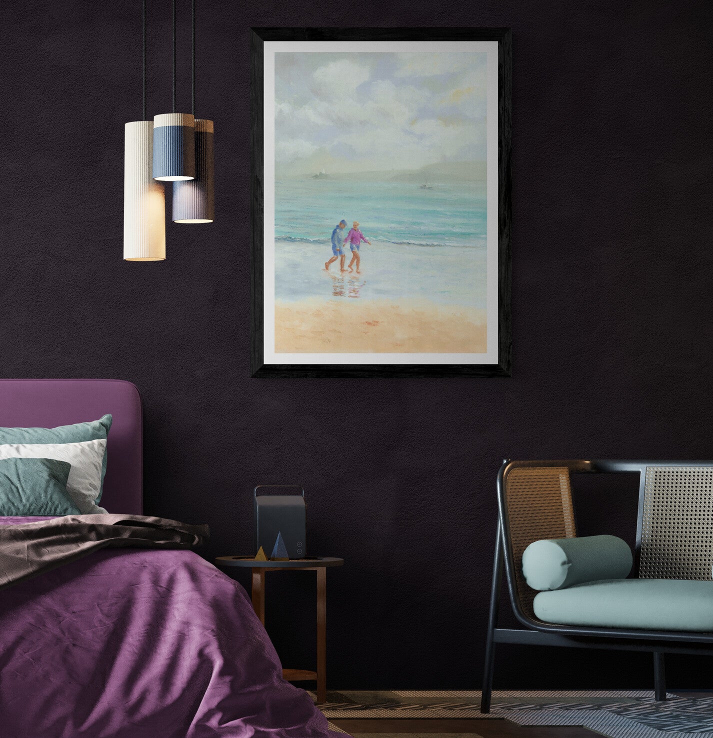 A couple walk hand in hand across a beach in St Ives in Cornwall Fine art print