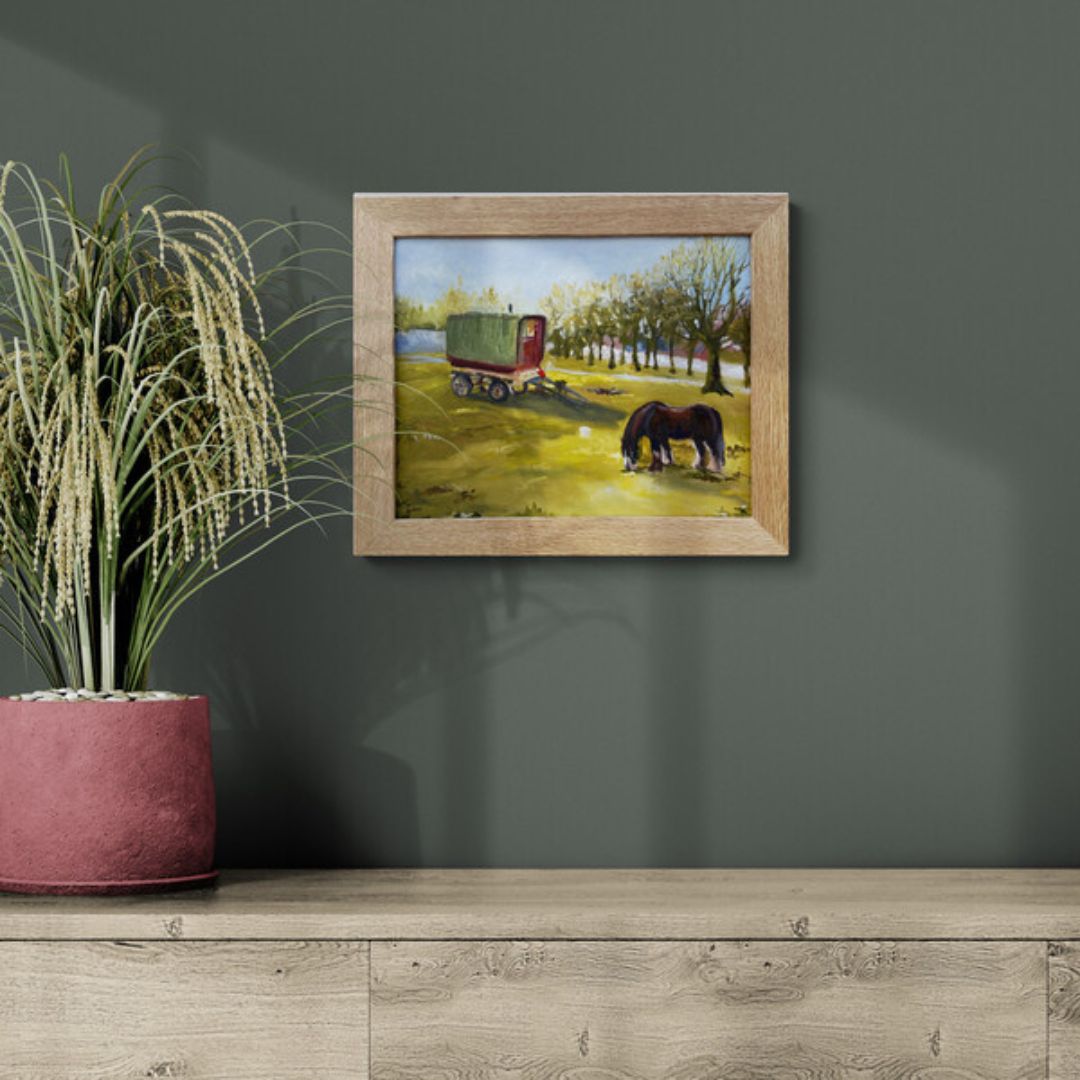 Original Stratford-Upon-Avon oil painting of traveller’s caravan and horse displayed in a contemporary interior by Lorraine Field Art