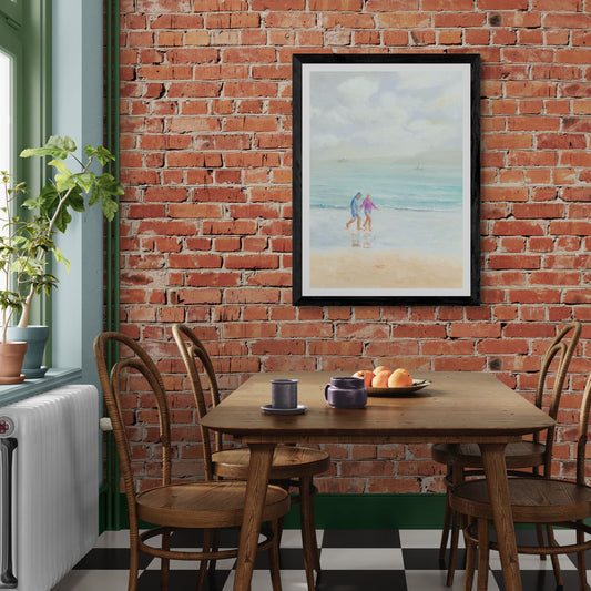 A couple walk hand in hand along the Wharf in St Ives. Cornwall Fine art print in black frame option.