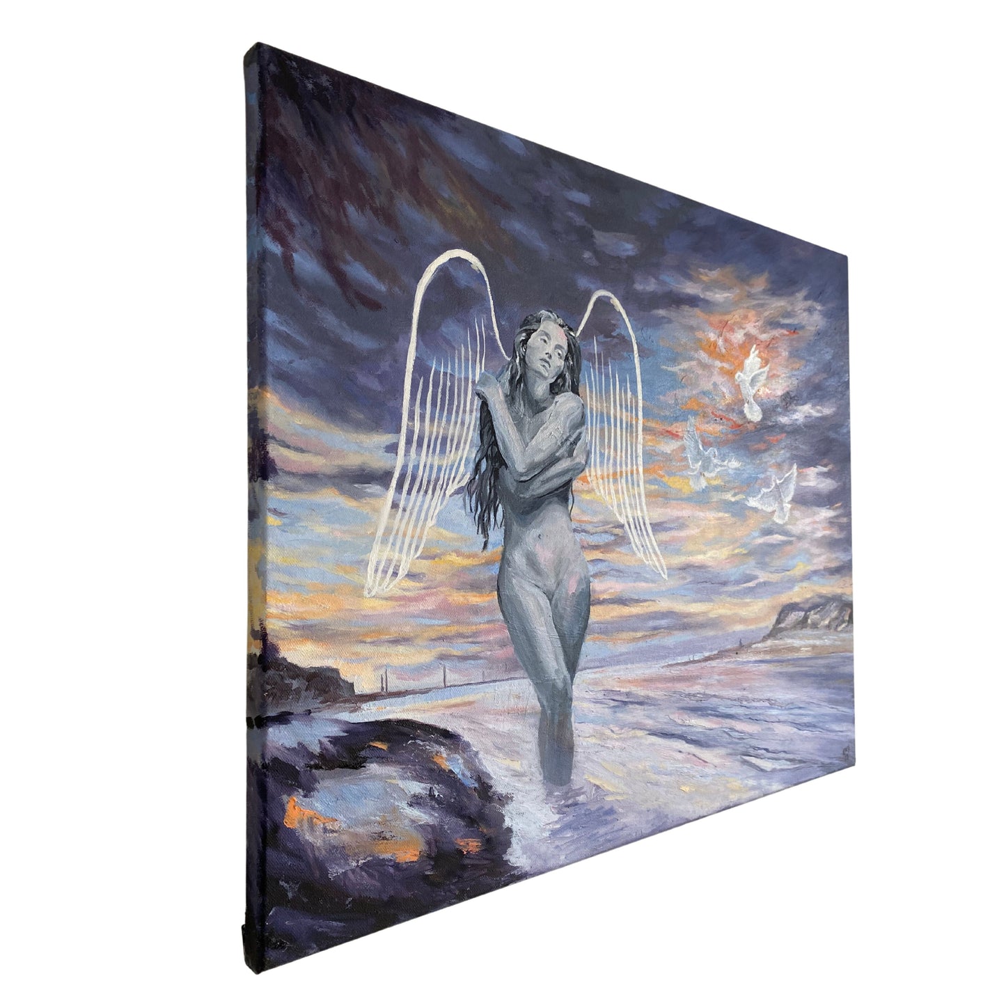 Angelic Angel with doves side view - Original Oil Painting - lorrainefield