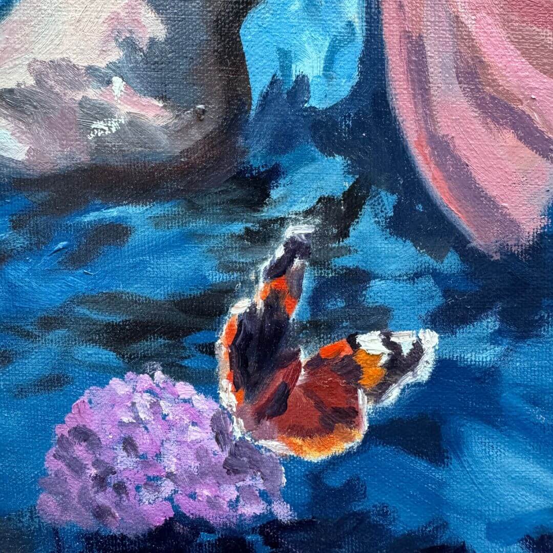 Close-up of a painted red admiral butterfly beside purple flowers in Be True oil painting by Lorraine Field.