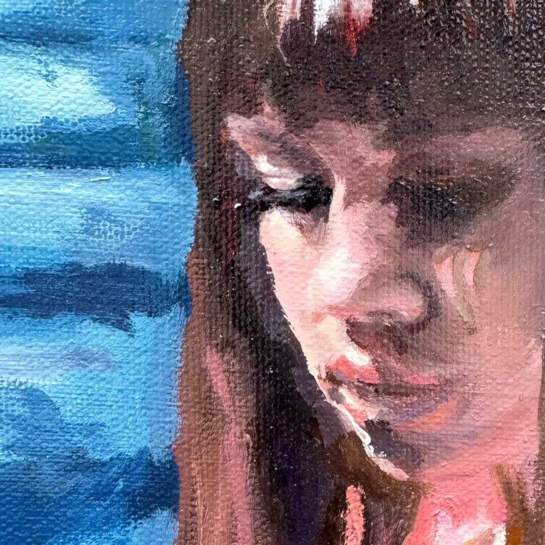 Close-up of the contemplative woman’s face in Be True, painted in expressive pink, brown and blue oils.