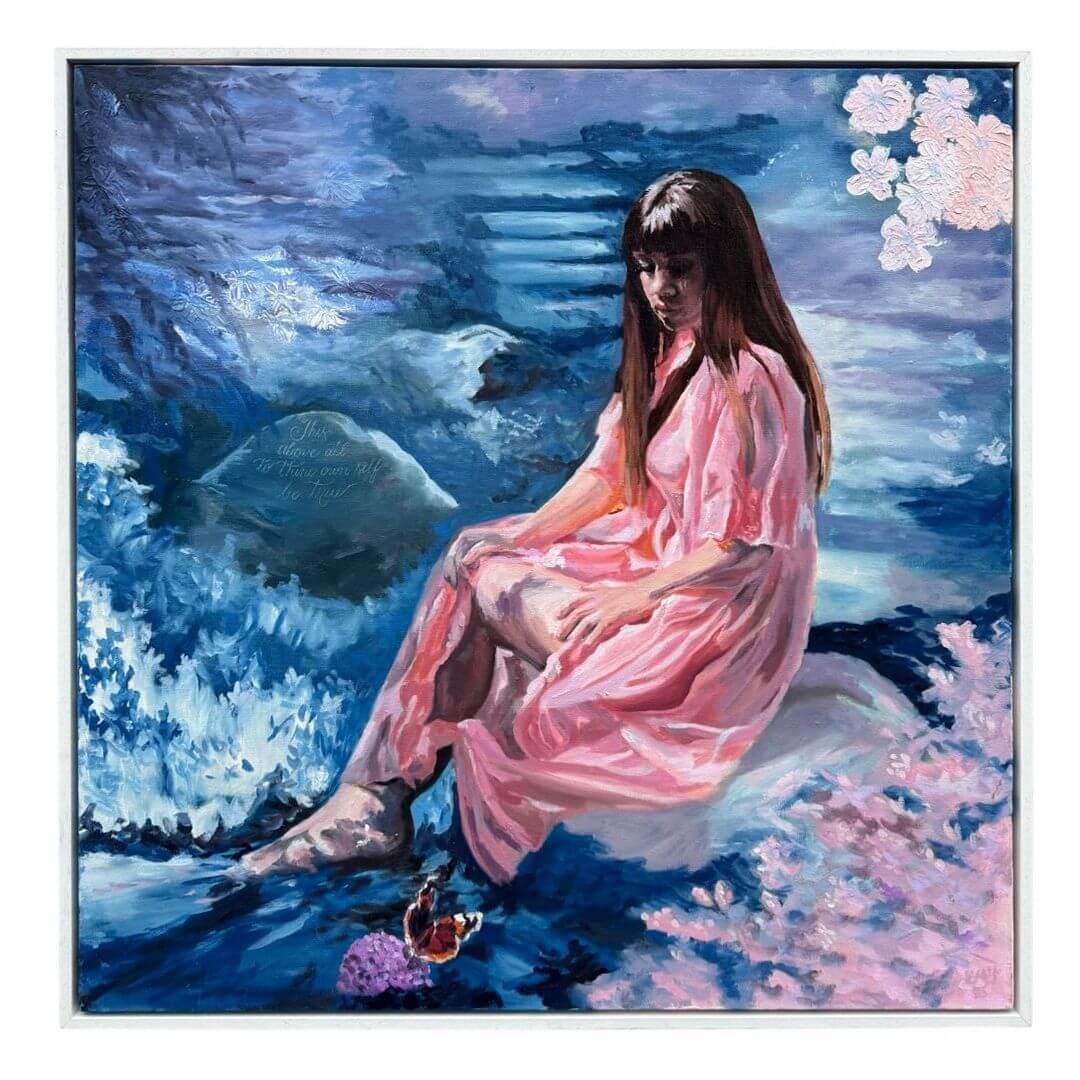 Be True figurative oil painting with a woman in pink, a red admiral butterfly and softly painted flowers.